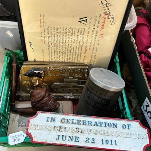 409 - Box of items to include: 'In Celebration of King George V' Coronation June 22nd 1911 cast iron plaqu... 