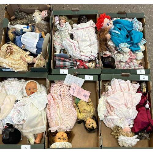 411 - Large collection of modern and vintage porcelain and composition headed dolls, various.  Six trays. ... 