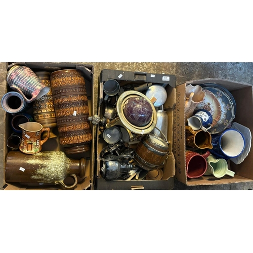 415 - Three boxes of ceramic and other items to include: West German pottery vases, blow torches, table gl... 