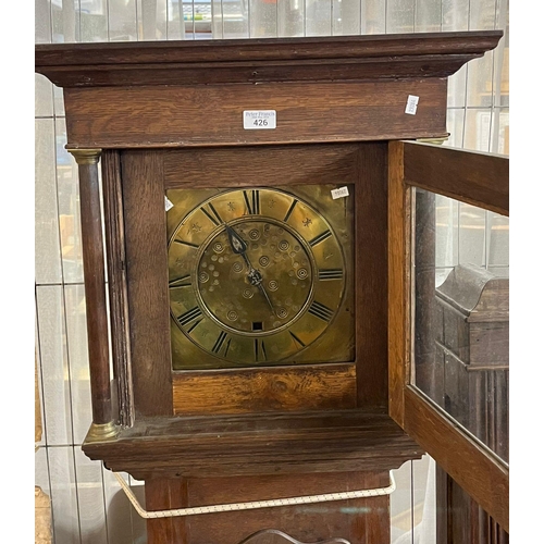 426 - 18th century oak brass faced 30 hour long case clock, un-named.   (B.P. 21% + VAT)