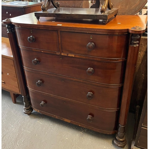 437 - Late Victorian mahogany bow fronted chest of two short and three long graduated cock beaded drawers ... 