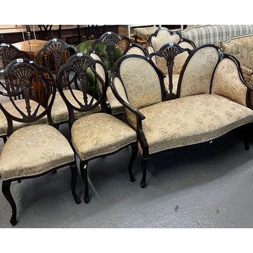 468 - Early 20th century mahogany framed cloud back design parlour suite comprising: two seater sofa, ladi... 