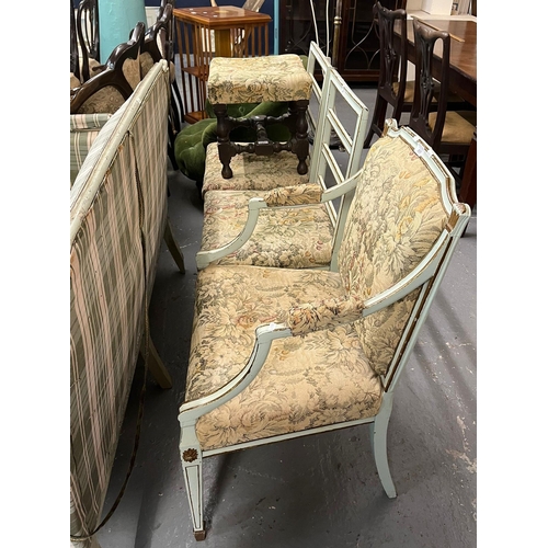 469 - Pair of French design two seater sofa, with painted show frames on square tapering front legs with s... 