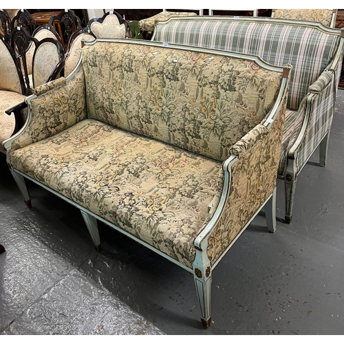 469 - Pair of French design two seater sofa, with painted show frames on square tapering front legs with s... 