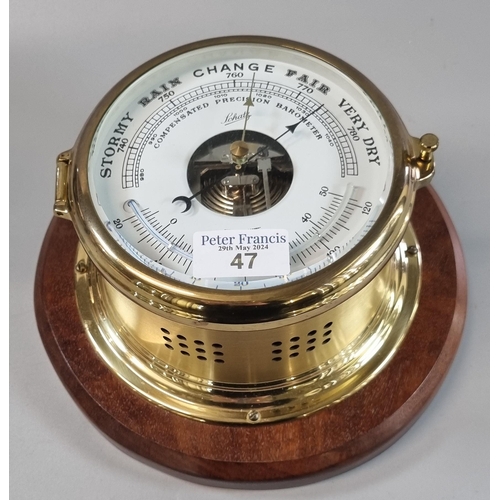 47 - Modern Shatz brass bulkhead type 'compensation precision barometer' on wooden plaque.  The face 15cm... 