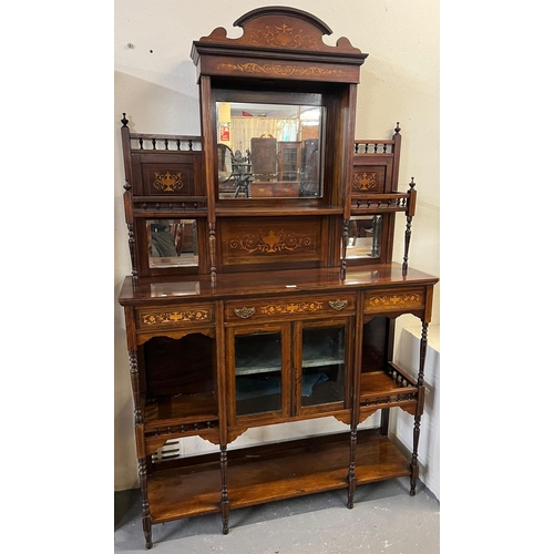 477 - Victorian inlaid rosewood side cabinet with raised and galleried mirror back, the base with side and... 