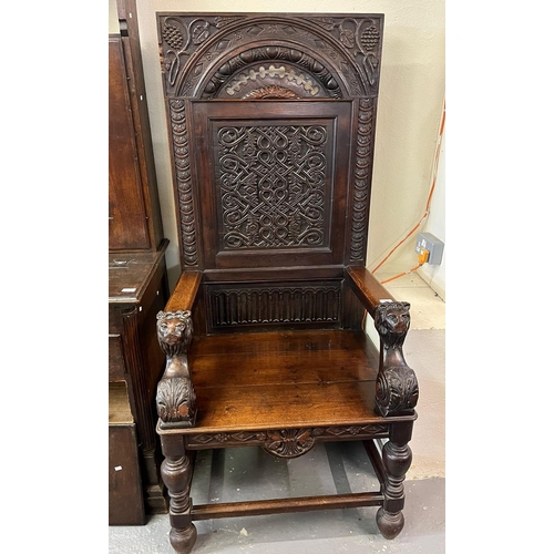 480 - Large 19th century and earlier heavily carved wainscot/throne chair with 17th/18th century panelled ... 