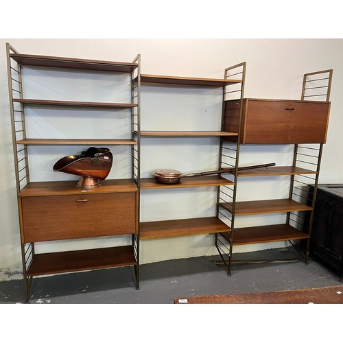 492 - Three modern steel framed Ladderax  teak open bookcases, two with fall front cupboards.  (3)  (B.P. ... 