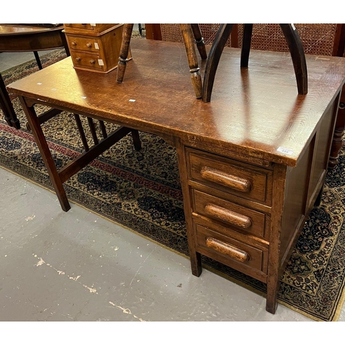 495 - Mid century oak single pedestal three drawer desk.  123cm wide approx.  (B.P. 21% + VAT)