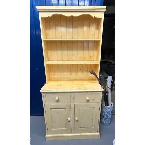 511 - Probably 19th century small painted pine dresser with boarded rack back over projecting base with tw... 