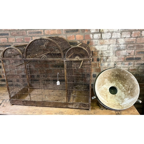 527 - Vintage parrot/canary cage of triple arched form.  88cm wide approx. together with hanging metal oil... 