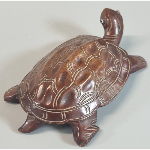 60 - Oriental, probably Japanese carved wood study of a turtle, with glass eyes.  15.5cm ling approx.   (... 