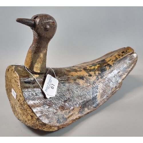 61 - Folk Art - wooden polychrome rustic decoy duck.   (B.P. 21% + VAT)