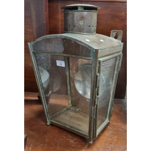 88 - Late Victorian copper lantern with glass panels.  54cm high 
approx. Provenance; from station house ... 