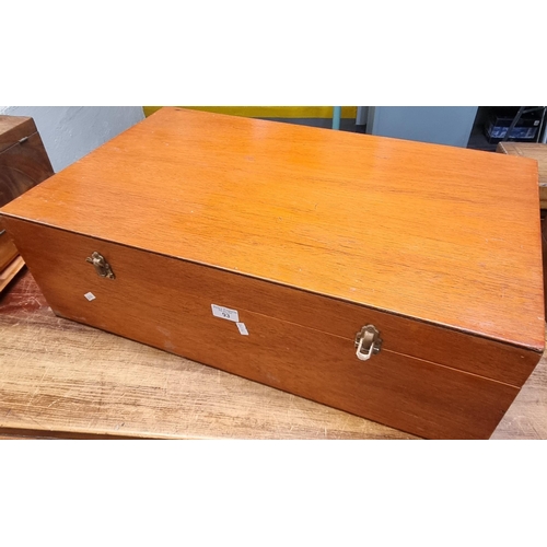 93 - Large well made plywood box with hinged cover revealing fitted interior with perspex covered lift-ou... 