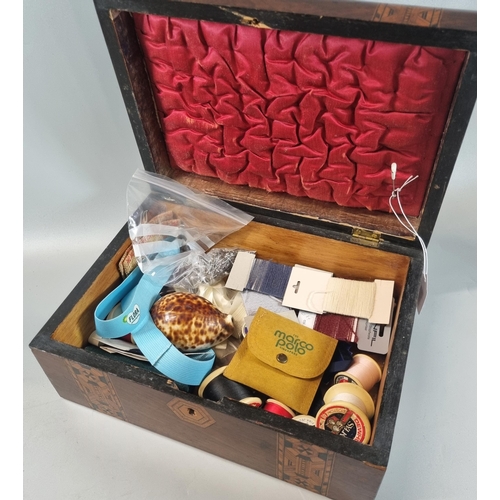 96 - 19th century Tunbridge banded jewellery box containing assorted sewing materials, sea shell etc.   (... 