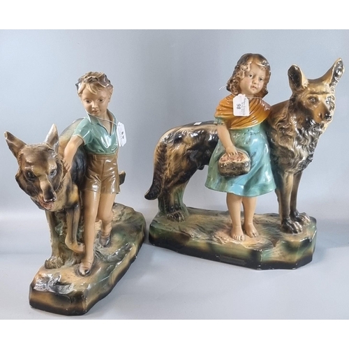 98 - Pair of Art Deco design chalk/plaster figure groups of dogs with a young girl and boy on naturalisti... 