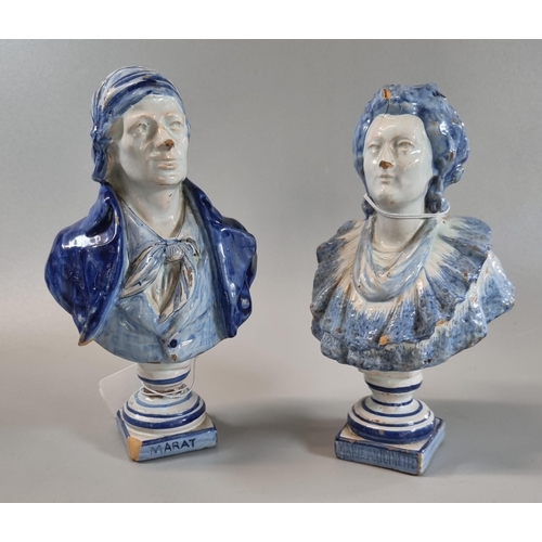 99 - Pair of French tin glazed earthenware blue and white busts, 'Marat' and 'Marie Antoinette'.  20.5cm ... 