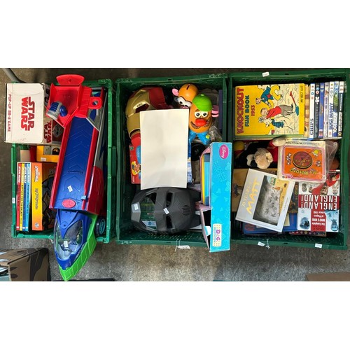 418 - Three crates of modern toys, books etc. to include: Star Wars, Spiderman, Knockout Fun Book, Toy Sto... 