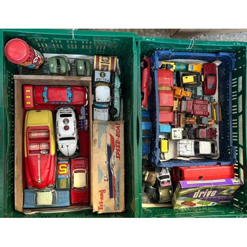 417 - Two crates of tin plate cars, Tri-ang and metal clockwork speedboat, diecast and plastic cars, lorri... 