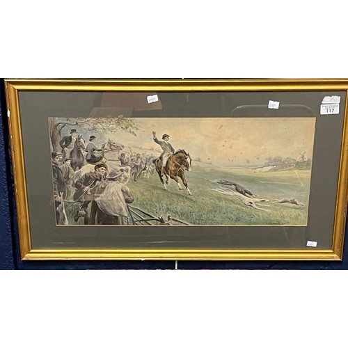 117 - After C P Jacomb, hare coursing scene, coloured print.  signed in the plate.  25x56cm approx.  Frame... 