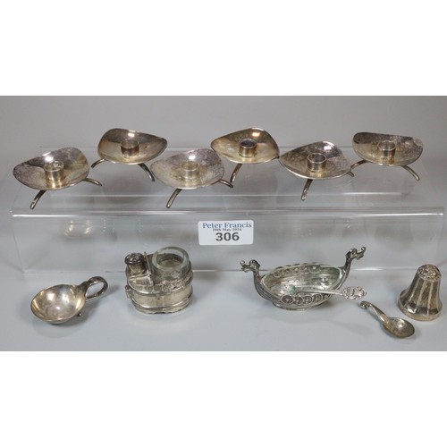 304 - Set of six Cohr Denmark contemporary candlestick holders together with silver salt in the form of a ... 