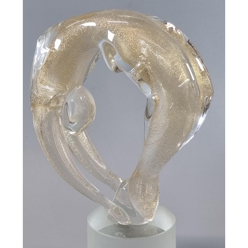 1 - Modern Art Glass sculpture of a stylised nude lady with gold leaf glass designs on cylinder frosted ... 