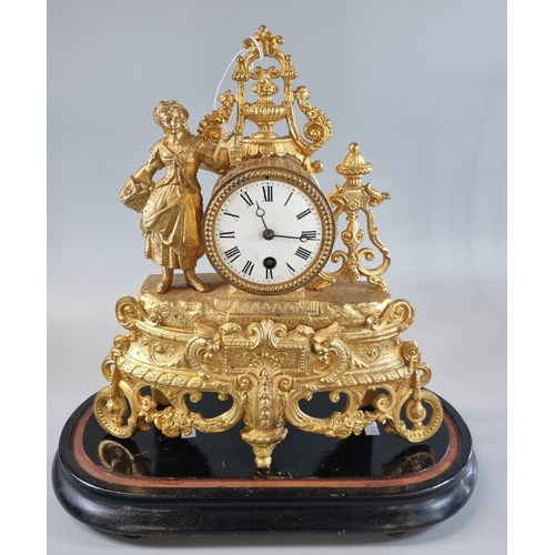 100 - 19th century French gilt spelter figural mantle clock with Roman enamel face, on an ebonised plinth ... 