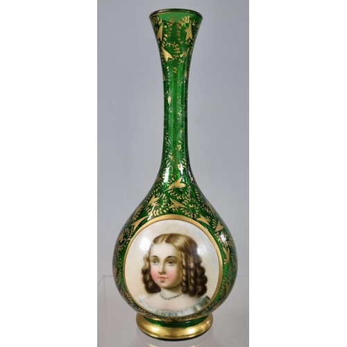 11 - Victorian green glass and gilded bottle vase with porcelain panel depicting portrait of a young maid... 