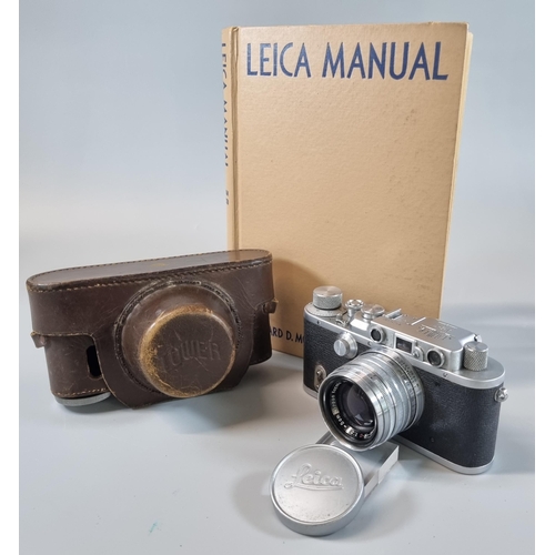 113 - Leica 'Tower type 3' Rangefinder camera No. 34606 with Nikkor-H 1:2 5cm lens and leather Eveready ca... 