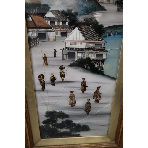 126 - Pair of Japanese export paintings on glass, landscapes with buildings and figures.  20th century, wi... 