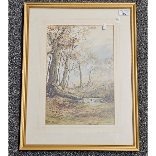 130 - M Crawley, woodland scene with stream together with another small watercolour of steps in woodland. ... 