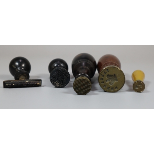 186 - Five 19th century wax ceils with turned wooden and other handles: ebony, rosewood etc.  One marked '... 