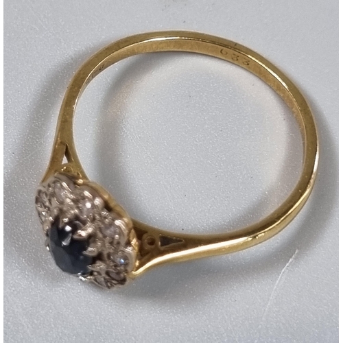 190 - 18ct gold diamond and sapphire cluster ring.  3g approx.  Size P1/2.  (B.P. 21% + VAT)