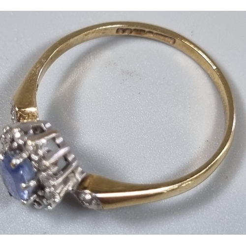 192 - 9ct gold diamond and sapphire cluster dress ring.  2g approx.  Size P.  (B.P. 21% + VAT)