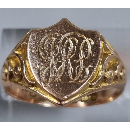 201 - 9ct gold shield shaped ornate signet ring with initials.  4.9g approx.  Size Q. (B.P. 21% + VAT)