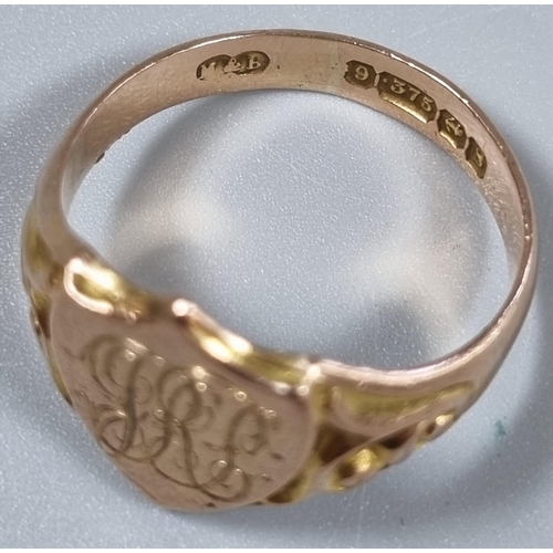 201 - 9ct gold shield shaped ornate signet ring with initials.  4.9g approx.  Size Q. (B.P. 21% + VAT)