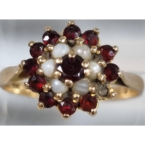 205 - 9ct gold pearl and ruby cluster ring.  2.4g approx.  Size P1/2. (B.P. 21% + VAT)