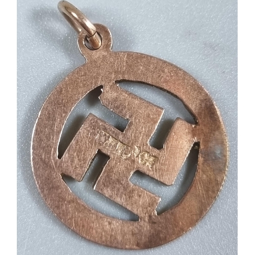 212 - 9ct gold Swastika pendant with suspension loop.  2.2g approx. together with a gold one dollar USA co... 