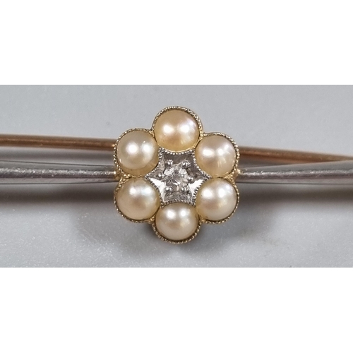 213 - Gold seven stone pearl and diamond bar brooch.  3.6g approx.  (B.P. 21% + VAT)