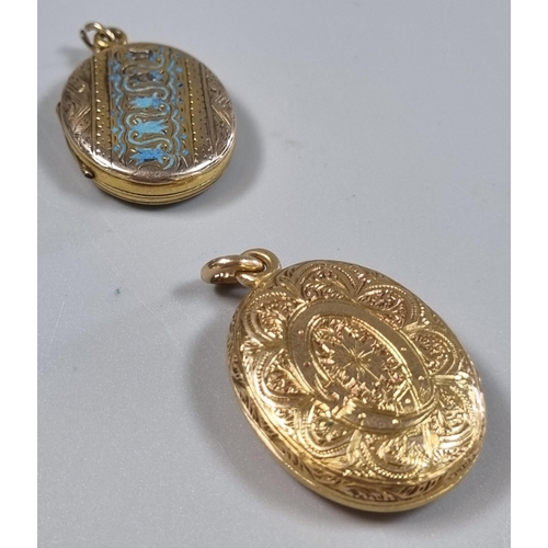 218 - Two yellow metal and enamel engraved lockets of oval form with suspension loops.  Total weight 18g a... 