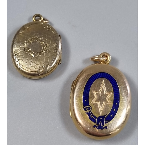 218 - Two yellow metal and enamel engraved lockets of oval form with suspension loops.  Total weight 18g a... 