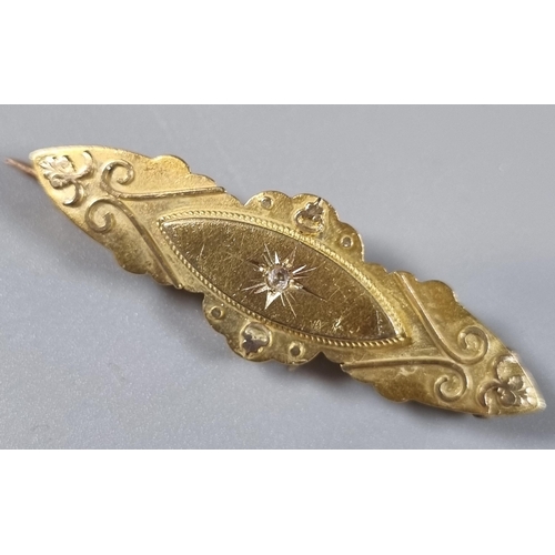 222 - Victorian 15ct gold bar brooch inset with a diamond chip.  2.5g approx.  (B.P. 21% + VAT)