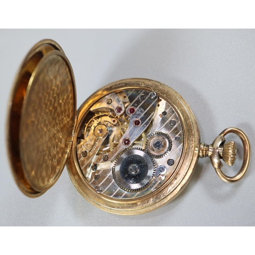 227 - Yellow metal PWC Chrono full hunter keyless top wind pocket watch with Arabic numerals and seconds d... 