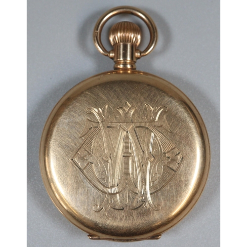 228 - Yellow metal full hunter top wind pocket watch with white enamel Roman face having seconds dial.  En... 