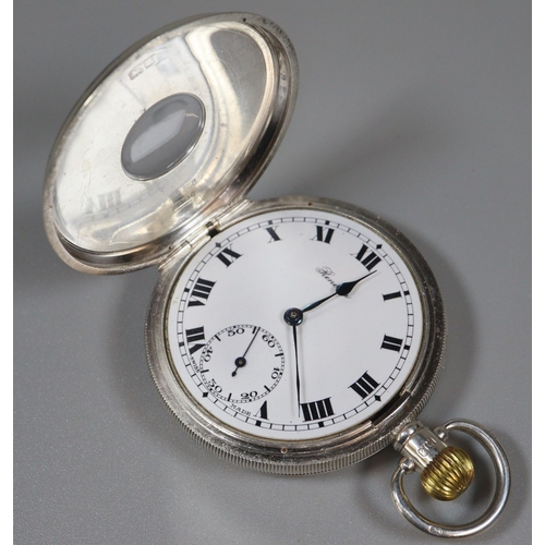 229 - Benson silver half hunter keyless top wind pocket watch with Roman enamel face, having seconds dial ... 