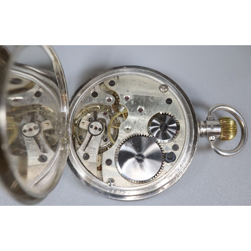 229 - Benson silver half hunter keyless top wind pocket watch with Roman enamel face, having seconds dial ... 