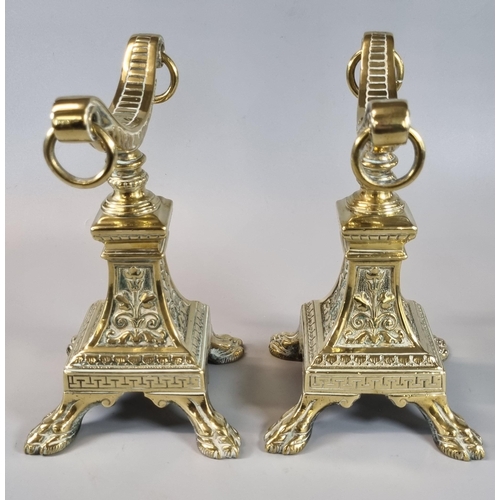 23 - Pair of Victorian brass classical design fire dogs with ring handles on paw feet.  (2)  (B.P. 21% + ... 