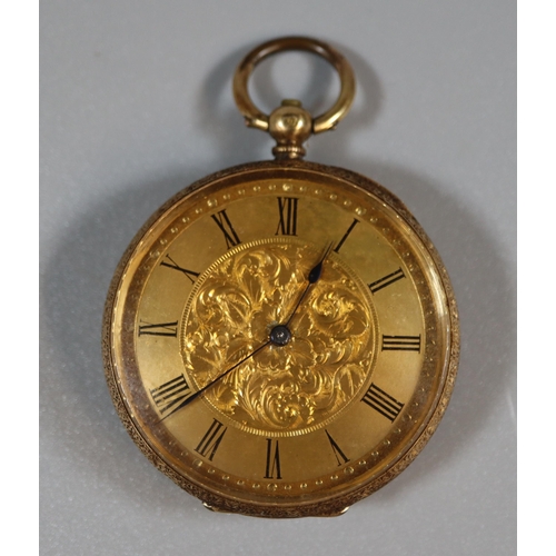 232 - 18ct gold outer cased fancy key wind open faced fob watch with engine turned Roman face and foliate ... 