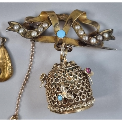 240 - 14ct gold beehive charm with bees and cabochon stones including pearls and turquoise, together with ... 